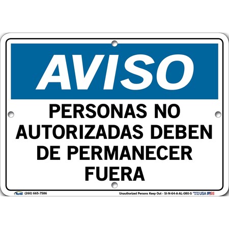 Vestil Aluminum Sign, 7-1/2" Height, 10-1/2" Width, Aluminum, Rectangle, Spanish SI-N-64-A-AL-080-S